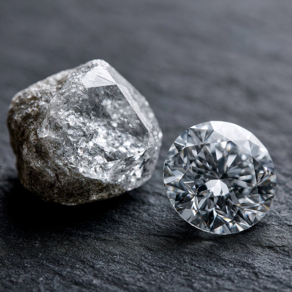 Diamant brut et taillé cote à cote