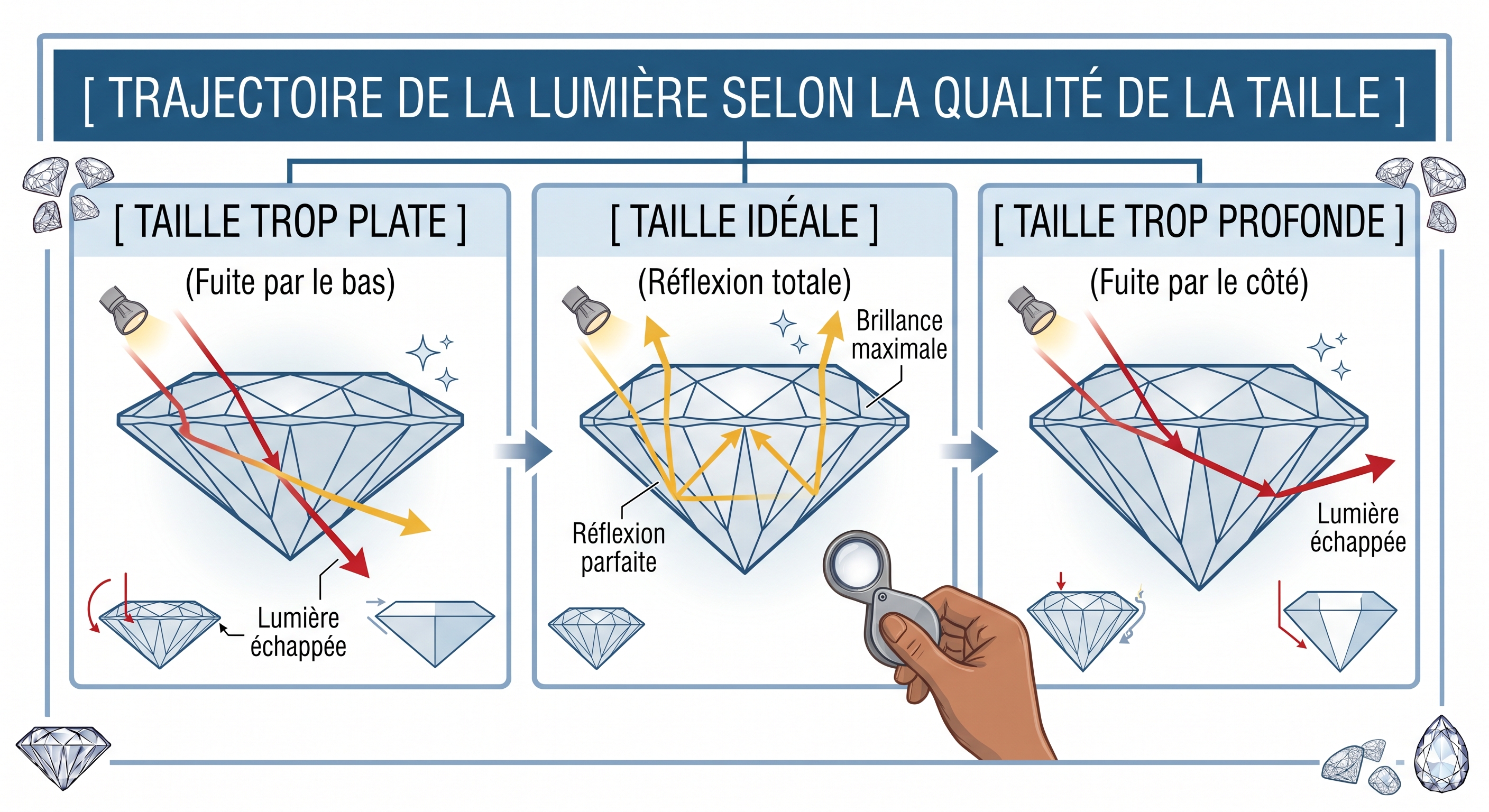 Trajectoire de la lumière selon la qualité de la taille